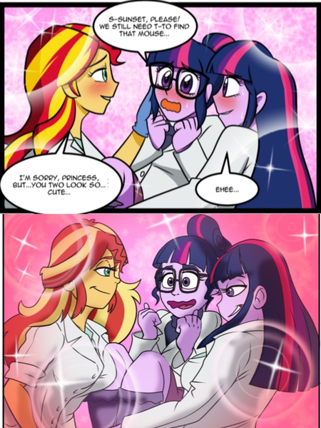 Size: 1920x2560 | Tagged: suggestive, artist:advanceddefense, artist:atariboy2600, derpibooru import, sci-twi, sunset shimmer, twilight sparkle, comic:the amazonian effect, comic:the amazonian effect ii, equestria girls, blushing, breasts, clothes, comic, comparison, female, lab coat, lesbian, polyamory, scitwishimmer, shipping, sunset twiangle, sunsetsparkle, twolight