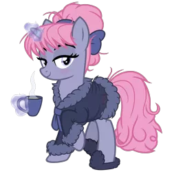 Size: 3200x3200 | Tagged: safe, artist:cheezedoodle96, derpibooru import, oc, oc:velvet, unofficial characters only, pony, unicorn, .svg available, bathrobe, blushing, clothes, cup, female, glowing horn, horn, levitation, looking at you, magic, mare, messy mane, raised hoof, robe, see-through, sheer lingerie, simple background, slippers, solo, svg, teacup, telekinesis, transparent background, vector