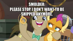 Size: 788x440 | Tagged: safe, derpibooru import, edit, edited screencap, screencap, doctor whooves, smolder, time turner, dragon, earth pony, pony, a horse shoe-in, impact font, meme, text