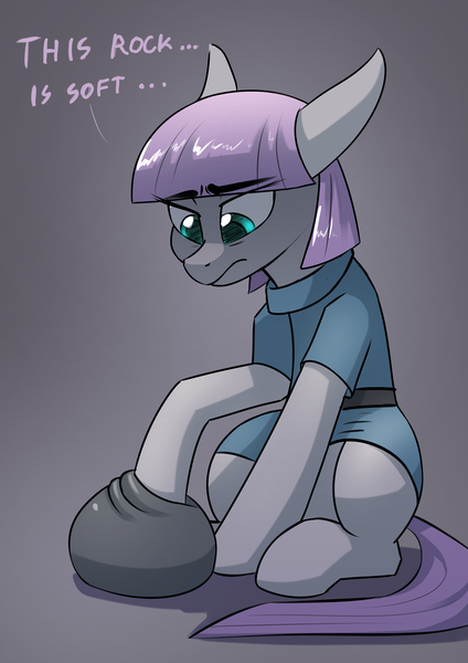 Size: 2480x3508 | Tagged: safe, artist:underpable, derpibooru import, maud pie, earth pony, pony, ..., clothes, colored pupils, confused, dialogue, female, floppy ears, frown, gray background, lidded eyes, looking at something, mare, poking, simple background, sitting, solo, text, worried