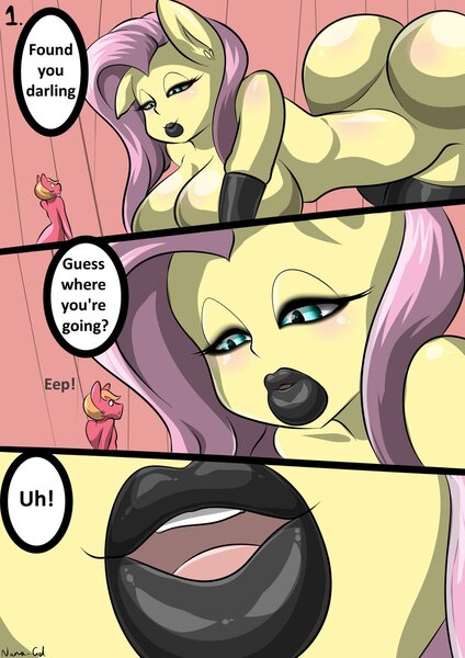 Size: 848x1200 | Tagged: questionable, alternate version, artist:nana-gel, derpibooru import, big macintosh, fluttershy, anthro, bat pony, comic:giant bimboshy, ass, big breasts, bimbo, black lipstick, breasts, busty fluttershy, butt, clothes, comic, female, fetish, flutterbat, flutterbutt, fluttermac, giantess, gloves, huge breasts, large butt, latex, lips, lipstick, lipstick fetish, macro, male, race swap, shipping, socks, stockings, straight, text, thigh highs