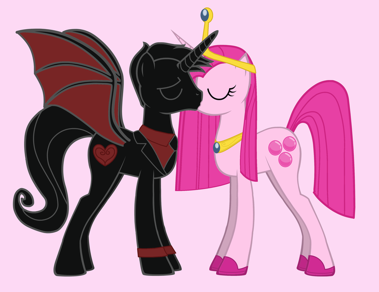 Size: 3308x2548 | Tagged: safe, artist:nathaniel hansen, derpibooru import, pony, adventure time, business suit, clothes, crown, female, husband and wife, jewelry, kissing, love, male, mare, my little pony, nergal, nergal and princess bubblegum, pink background, princess bubblegum, regalia, shipping, simple background, stallion, the grim adventures of billy and mandy