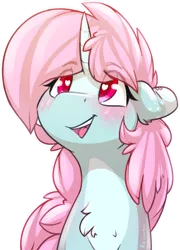 Size: 1622x2257 | Tagged: safe, artist:loneless-art, derpibooru import, edit, oc, oc:scoops, unofficial characters only, pony, unicorn, blaze (coat marking), blushing, cute, ear piercing, earring, female, freckles, happy, horn, jewelry, mare, markings, piercing, sfw edit, smiling, solo, unicorn oc