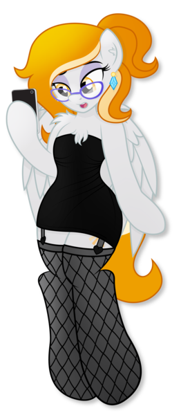 Size: 1770x4061 | Tagged: artist:digiqrow, chest fluff, clothes, derpibooru import, dress, ear piercing, earring, female, fishnets, garters, glasses, jewelry, milf, mobile phone, oc, oc:rita cloudy, phone, piercing, safe, semi-anthro, simple background, socks, solo, stockings, thigh highs, transparent background, unofficial characters only