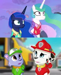 Size: 1724x2113 | Tagged: safe, artist:rainbow eevee, derpibooru import, screencap, princess celestia, princess luna, alicorn, dog, pony, between dark and dawn, 1000 hours in ms paint, clothes, confused, expressions, female, hawaiian shirt, looking at something, mare, marshall (paw patrol), paw patrol, rocky (paw patrol), royal sisters, school bus, shirt, shocked, siblings, sisters, wat