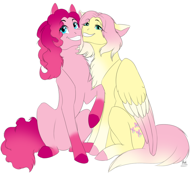 Size: 1800x1600 | Tagged: safe, artist:kriss348, derpibooru import, fluttershy, pinkie pie, pony, chest fluff, colored hooves, colored wings, colored wingtips, cute, duo, eye clipping through hair, female, friendship, gradient, gradient hooves, gradient mane, grin, happy, looking at you, one hoof raised, pink, redesign, signature, simple background, sitting, smiling, socks (coat marking), transparent background, two toned wings, wings