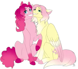 Size: 1800x1600 | Tagged: safe, artist:kriss348, derpibooru import, fluttershy, pinkie pie, pony, chest fluff, colored hooves, colored wings, colored wingtips, cute, duo, eye clipping through hair, female, friendship, gradient, gradient hooves, gradient mane, grin, happy, looking at you, one hoof raised, pink, redesign, signature, simple background, sitting, smiling, socks (coat marking), transparent background, two toned wings, wings