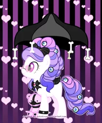 Size: 1000x1200 | Tagged: safe, artist:yokokinawa, derpibooru import, oc, oc:gothica, earth pony, pony, bone, bow, eyeball, glasses, gothic, heart glasses, pastel goth, teddy bear, umbrella