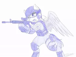 Size: 1024x768 | Tagged: safe, artist:novaintellus, derpibooru import, rainbow dash, pony, alternate timeline, amputee, apocalypse dash, ar15, armor, artificial wings, atg 2019, augmented, bipedal, clothes, crystal war timeline, goggles, gun, helmet, hoof hold, newbie artist training grounds, prosthetic limb, prosthetic wing, prosthetics, rifle, sketch, solo, uniform, weapon, wings