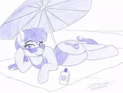 Size: 1024x768 | Tagged: safe, artist:novaintellus, derpibooru import, octavia melody, pony, atg 2019, beach, clothes, looking at you, newbie artist training grounds, one-piece swimsuit, prone, signature, sketch, solo, sunglasses, sunscreen, swimsuit, umbrella