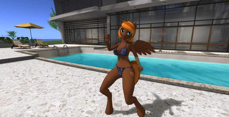 Size: 1920x986 | Tagged: 3d, anthro, armpits, belly button, bikini, clothes, derpibooru import, ice cream pony, oc, oc:choca, safe, screencap, second life, sexy, solo, swimming pool, swimsuit, video in description