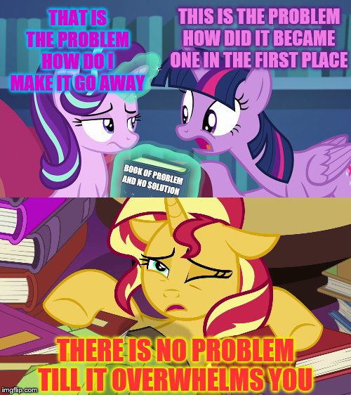 Size: 500x562 | Tagged: safe, derpibooru import, edit, edited screencap, screencap, starlight glimmer, sunset shimmer, twilight sparkle, twilight sparkle (alicorn), alicorn, unicorn, equestria girls, every little thing she does, mirror magic, spoiler:eqg specials, book, caption, floppy ears, image macro, library, text, twilight's castle, twilight's castle library