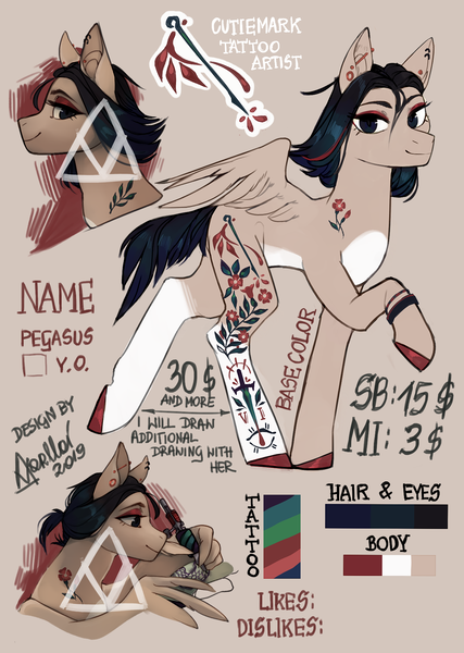 Size: 1280x1800 | Tagged: safe, artist:varllai, derpibooru import, oc, oc:violet ink, pegasus, pony, adoptable, adoption, auction, bust, fullbody, portrait, solo, tattoo, tattoo artist