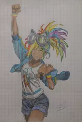 Size: 2750x4061 | Tagged: armpits, artist:nintencano, dark skin, derpibooru import, graph paper, human, humanized, kotobukiya, kotobukiya rainbow dash, one eye closed, rainbow dash, safe, solo, traditional art, wink