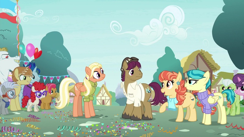 Size: 1920x1080 | Tagged: safe, derpibooru import, screencap, aunt holiday, auntie lofty, babs seed, blue note, bulk biceps, chipcutter, feather bangs, granny smith, mane allgood, snap shutter, sugar belle, twist, earth pony, pegasus, pony, unicorn, the last crusade, colt, cutie mark, female, male, mare, sky, wings