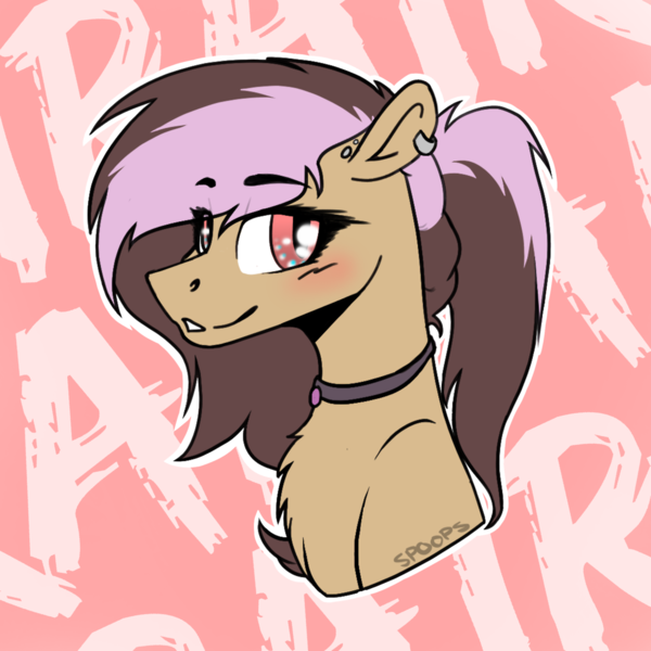 Size: 1280x1280 | Tagged: safe, artist:spoopygander, derpibooru import, oc, oc:ira, unofficial characters only, pony, blushing, chest fluff, collar, ear piercing, earring, eyebrows visible through hair, jewelry, outline, piercing, smiling, solo