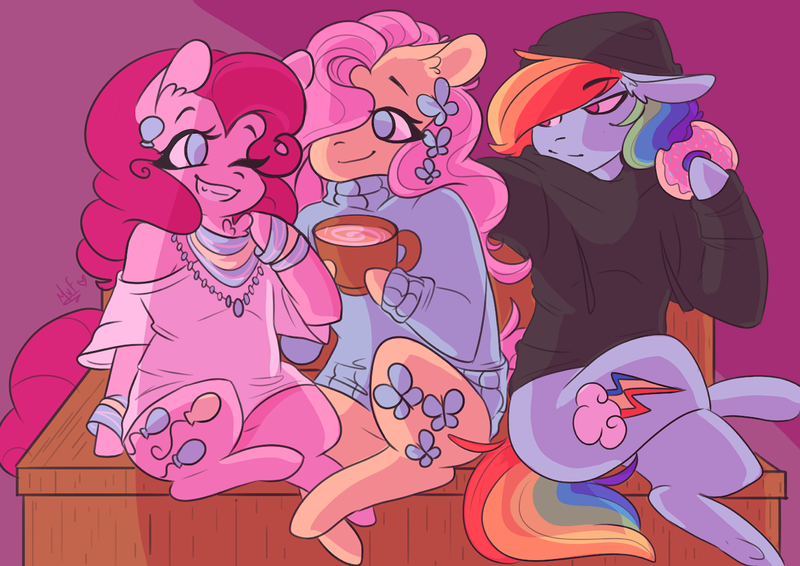 Size: 1280x905 | Tagged: safe, artist:salty-irish-potato, derpibooru import, fluttershy, pinkie pie, rainbow dash, earth pony, pegasus, semi-anthro, bench, bracelet, chest fluff, clothes, coffee, donut, ear fluff, ear piercing, earring, food, hoodie, jewelry, necklace, one eye closed, piercing, shirt, smiling, sweater, wink