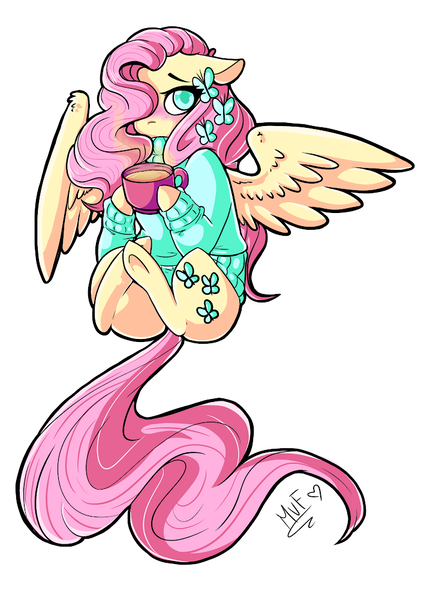 Size: 707x1000 | Tagged: safe, artist:salty-irish-potato, derpibooru import, butterfly, earth pony, pegasus, pony, background removed, blushing, clothes, coffee, solo, sweater, underhoof