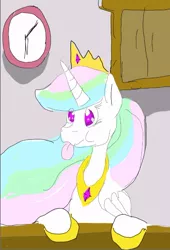 Size: 621x911 | Tagged: safe, artist:drunken bubblez, deleted from derpibooru, derpibooru import, princess celestia, alicorn, pony, clock, colored, female, mare, sillestia, silly, soso, tongue out