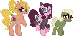 Size: 2000x978 | Tagged: safe, artist:starryoak, derpibooru import, oc, oc:angelica glauca, oc:evenkite pie, oc:pegmatite pie, unofficial characters only, earth pony, pony, unicorn, miracleverse, ear piercing, earring, earth pony oc, glasses, horn, jewelry, nervous, parent:limestone pie, parent:saffron masala, parent:zephyr breeze, piercing, raised hoof, simple background, socks (coat marking), story included, tail wrap, transparent background, unicorn oc