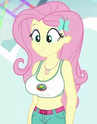 Size: 850x1080 | Tagged: safe, derpibooru import, edit, edited screencap, editor:ah96, screencap, fluttershy, bat pony, equestria girls, equestria girls series, rollercoaster of friendship, belly button, big breasts, breast edit, breasts, busty fluttershy, camp everfree outfits, cleavage, cropped, female, flutterbat, geode of fauna, magical geodes, midriff, race swap, sexy, solo