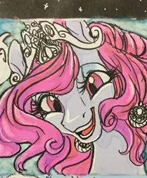 Size: 1054x1280 | Tagged: safe, artist:candasaurus, derpibooru import, princess celestia, alicorn, pony, alternate hairstyle, bust, ear piercing, earring, female, happy, jewelry, mare, piercing, pink-mane celestia, portrait, smiling, traditional art