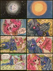 Size: 2626x3503 | Tagged: safe, artist:candasaurus, derpibooru import, princess celestia, princess luna, alicorn, pony, comic, female, mare, pink-mane celestia, s1 luna, smiling, traditional art