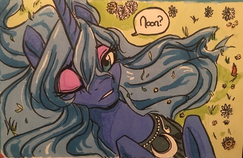 Size: 1280x835 | Tagged: safe, artist:candasaurus, derpibooru import, princess luna, alicorn, pony, female, flower, grass, mare, on back, one eye closed, s1 luna, solo, traditional art