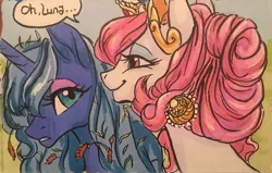 Size: 1280x813 | Tagged: safe, artist:candasaurus, derpibooru import, princess celestia, princess luna, alicorn, pony, ear piercing, earring, female, flower, flower in hair, grass, jewelry, lidded eyes, mare, piercing, pink-mane celestia, s1 luna, smiling, traditional art