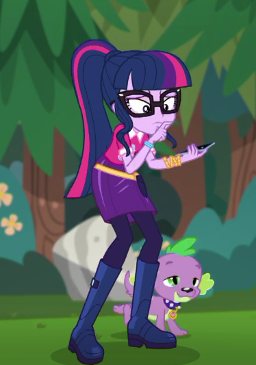 Size: 374x533 | Tagged: safe, derpibooru import, screencap, sci-twi, spike, spike the regular dog, twilight sparkle, dog, equestria girls, equestria girls series, the road less scheduled, spoiler:choose your own ending (season 2), spoiler:eqg series (season 2), boots, clothes, cropped, female, glasses, male, mobile phone, pantyhose, phone, ponytail, shoes, skirt, smartphone, spike's dog collar, tail