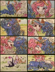 Size: 2626x3474 | Tagged: safe, artist:candasaurus, derpibooru import, princess celestia, princess luna, alicorn, pony, blushing, boop, comic, eyes closed, female, flower, flower in hair, grass, happy, jewelry, lidded eyes, mare, noseboop, pink-mane celestia, s1 luna, sleeping, smiling, tiara, traditional art