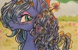 Size: 1280x821 | Tagged: safe, artist:candasaurus, derpibooru import, princess luna, alicorn, pony, blushing, braid, bust, female, flower, flower in hair, implied princess celestia, lidded eyes, mare, offscreen character, portrait, s1 luna, solo, traditional art