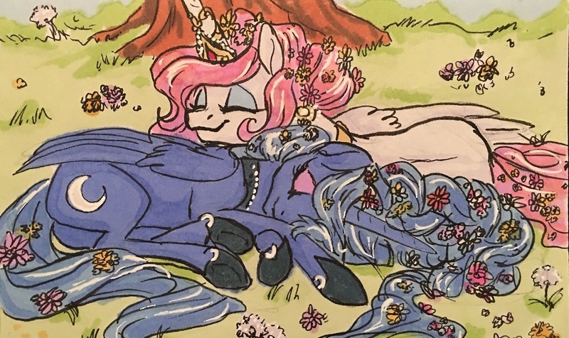 Size: 1280x761 | Tagged: safe, artist:candasaurus, derpibooru import, princess celestia, princess luna, alicorn, pony, blushing, braid, female, flower, flower in hair, grass, happy, mare, s1 luna, sleeping, smiling, traditional art