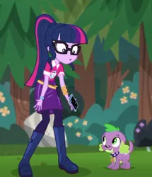 Size: 476x553 | Tagged: safe, derpibooru import, screencap, sci-twi, spike, spike the regular dog, twilight sparkle, dog, equestria girls, equestria girls series, the road less scheduled, spoiler:choose your own ending (season 2), spoiler:eqg series (season 2), boots, clothes, cropped, glasses, mobile phone, pantyhose, paws, phone, ponytail, shoes, skirt, smartphone, smiling, spike's dog collar