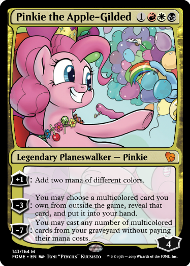 Size: 374x522 | Tagged: safe, artist:pencils, derpibooru import, edit, idw, pinkie pie, rainbow dash, earth pony, pony, spoiler:comic69, balloon, candy, ccg, female, food, lollipop, magic the gathering, mare, planeswalker, trading card, trading card edit