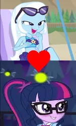 Size: 410x679 | Tagged: safe, derpibooru import, edit, edited screencap, screencap, sci-twi, trixie, twilight sparkle, equestria girls, equestria girls series, forgotten friendship, star crossed, female, geode of telekinesis, glasses, heart, lesbian, magical geodes, sci-twixie, shipping, shipping domino, twixie