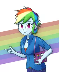 Size: 1666x2000 | Tagged: safe, artist:yinglongfujun, derpibooru import, rainbow dash, equestria girls, alternate hairstyle, female, handbag, looking at you, mother, older, pointing, rainbow mom, short hair rainbow dash, soccer mom, solo