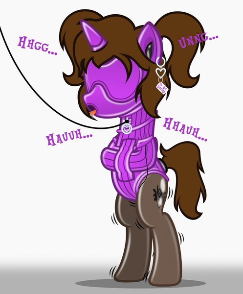 Size: 1061x1280 | Tagged: questionable, artist:applec1234, deleted from derpibooru, derpibooru import, oc, oc:chloe adore, pony, unicorn, bipedal, blindfold, bondage, clothes, collar, drool, ear plugs, ear tag, gag, latex, latex suit, leash, mask, moaning, muzzle gag, posture collar, ring gag, see-through, socks, stockings, straitjacket, thigh highs