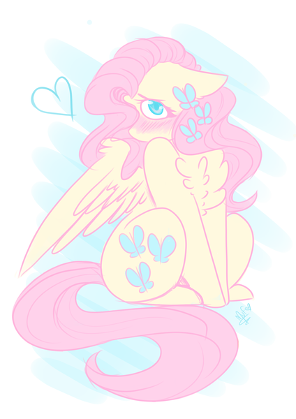 Size: 1280x1810 | Tagged: safe, artist:salty-irish-potato, derpibooru import, fluttershy, pegasus, pony, blushing, chest fluff, cute, female, heart, looking at you, mare, shy, shyabetes, sitting, solo