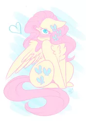 Size: 1280x1810 | Tagged: safe, artist:salty-irish-potato, derpibooru import, fluttershy, pegasus, pony, blushing, chest fluff, cute, female, heart, looking at you, mare, shy, shyabetes, sitting, solo