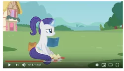 Size: 662x381 | Tagged: safe, artist:agrol, derpibooru import, screencap, rarity, pony, unicorn, alternate cutie mark, alternate hairstyle, book, change your reality, cupcake, food, levitation, magic, ponytail, puffy cheeks, telekinesis, youtube, youtube link