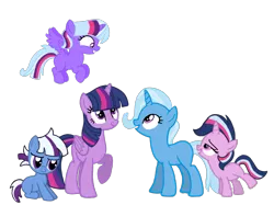 Size: 2732x2048 | Tagged: safe, artist:turnaboutart, derpibooru import, trixie, twilight sparkle, twilight sparkle (alicorn), oc, oc:aurora, oc:nebula, oc:sparkle magic, alicorn, pony, base used, family, female, lesbian, magical lesbian spawn, offspring, parent:trixie, parent:twilight sparkle, parents:twixie, shipping, simple background, transparent background, twixie