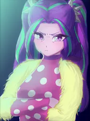 Size: 751x1002 | Tagged: safe, artist:amazingpuffhair, derpibooru import, aria blaze, equestria girls, equestria girls series, find the magic, spoiler:eqg series (season 2), clothes, crossed arms, female, looking at you, mood, pigtails, polka dots, resting bitch face, solo, twintails, unamused