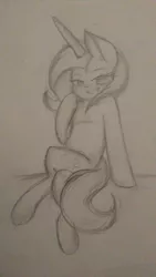 Size: 720x1280 | Tagged: safe, artist:salty-irish-potato, derpibooru import, trixie, pony, semi-anthro, unicorn, monochrome, open mouth, sketch, smiling, solo, traditional art