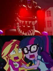 Size: 1920x2560 | Tagged: safe, derpibooru import, edit, screencap, sci-twi, sunset shimmer, twilight sparkle, equestria girls, legend of everfree, 3d, crossover, endoskeleton, five nights at freddy's, glowing eyes, meme, reaction image, red eyes, roar, screaming, shadow mecha, source filmmaker, the special strike, thehottest dog