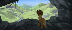 Size: 2520x1080 | Tagged: safe, artist:amarthgul, derpibooru import, applejack, earth pony, pony, atg 2019, away from viewer, cave, female, mare, newbie artist training grounds, river, scenery, solo