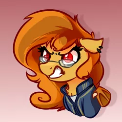 Size: 4000x4000 | Tagged: safe, artist:witchtaunter, derpibooru import, oc, oc:pumpkin spice, bat pony, pony, angry, bust, clothes, commission, glasses, portrait, solo, vault suit