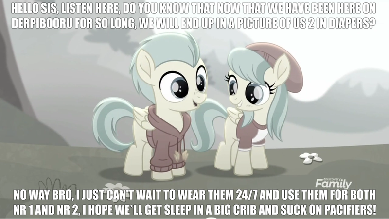 Size: 1366x770 | Tagged: safe, derpibooru import, edit, edited screencap, screencap, barley barrel, pickle barrel, pegasus, pony, derpibooru, rainbow roadtrip, barleybetes, barrel twins, barrelbetes, beanie, blank flank, brother, brother and sister, caption, clothes, colt, cute, desaturated, dialogue, diaper, discovery family logo, exclamation point, family, female, filly, flower, freckles, grass, grass field, grayscale, happy, hat, hill, hoodie, logo, looking, looking at each other, male, meme, meta, monochrome, nostrils, numbers, open mouth, outdoors, picklebetes, question, question mark, shirt, siblings, sister, smiling, standing, sweater, symbol, t-shirt, talking, teeth, text, text edit, tree, twins, wall of tags