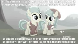 Size: 1366x770 | Tagged: safe, derpibooru import, edit, edited screencap, screencap, barley barrel, pickle barrel, pegasus, pony, derpibooru, rainbow roadtrip, barleybetes, barrelbetes, barrel twins, beanie, blank flank, brother, brother and sister, caption, clothes, colt, cute, desaturated, dialogue, diaper, discovery family logo, exclamation point, family, female, filly, flower, freckles, grass, grass field, grayscale, happy, hat, hill, hoodie, logo, looking, looking at each other, male, meme, meta, monochrome, nostrils, numbers, open mouth, outdoors, picklebetes, question, question mark, shirt, siblings, sister, smiling, standing, sweater, symbol, talking, teeth, text, text edit, tree, t-shirt, twins, wall of tags