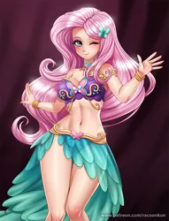 Size: 689x900 | Tagged: suggestive, artist:racoonsan, derpibooru import, fluttershy, bat pony, human, adorasexy, belly button, belly dancer, belly dancer outfit, bracelet, breasts, busty fluttershy, clothes, cute, female, flutterbat, harem outfit, humanized, jewelry, leaf skirt, midriff, nail polish, necklace, one eye closed, race swap, see-through, see-through skirt, sexy, shyabetes, skirt, smiling, solo, solo female, stupid sexy fluttershy, wink